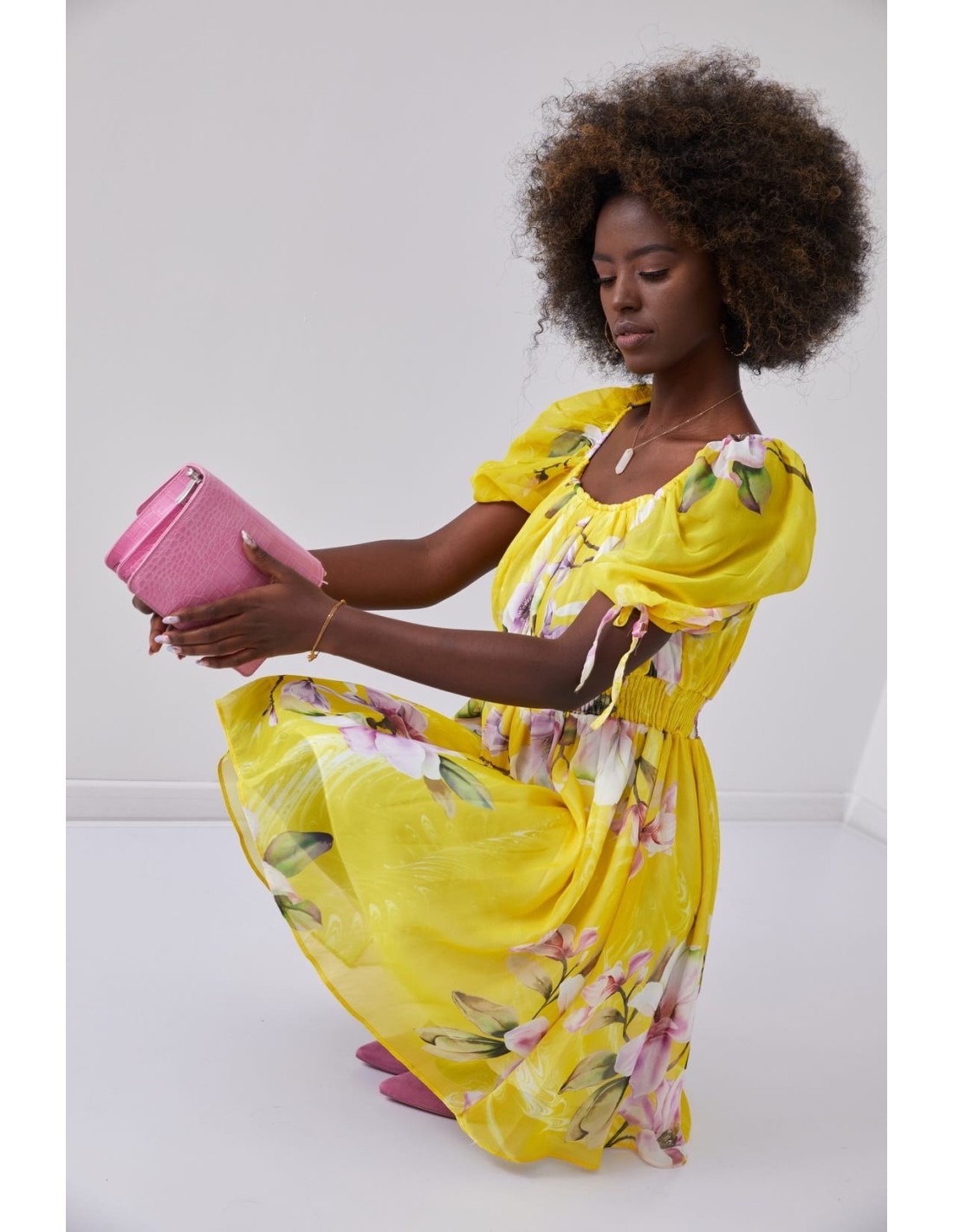 Airy dress with gathered waist, yellow 030800 - Online store - Boutique